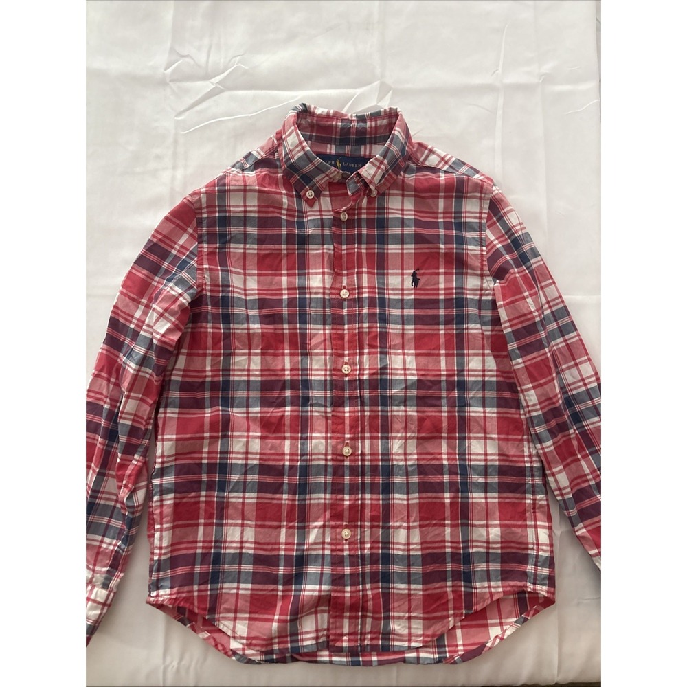 Polo Ralph Lauren Boys Flannel Button Up Size 7 Natural Stretch Red Blue